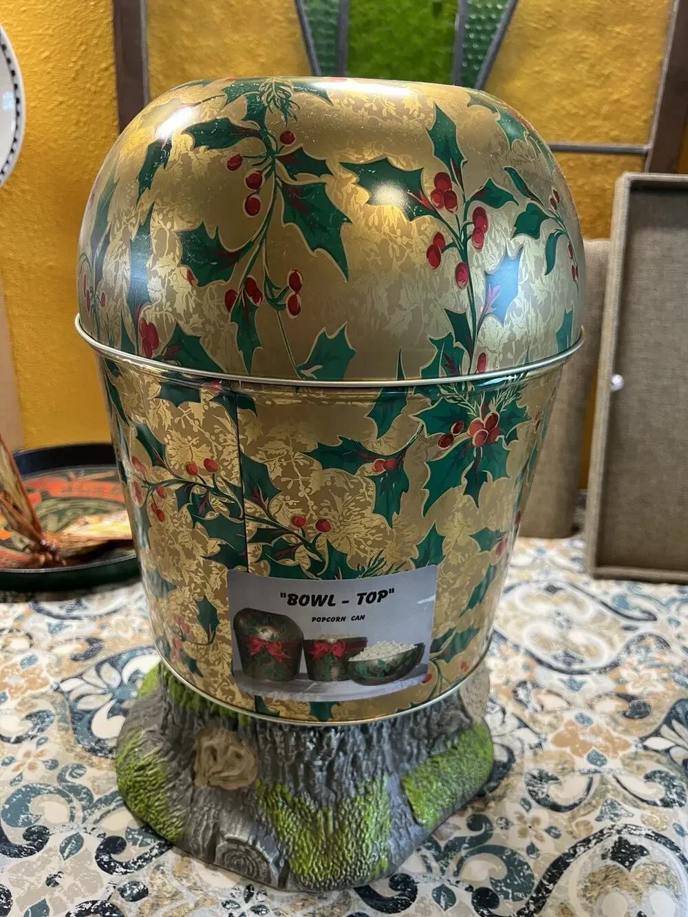 Vintage Christmas Bowl Top Popcorn Tin Holly Berry Gold Serving Bowl Canister